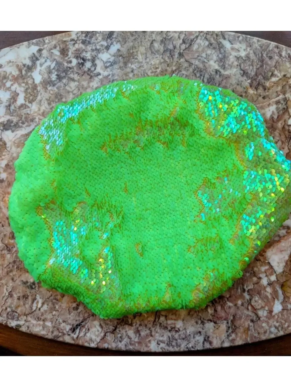 Neon Green Flip Sequin Beret Lined in Wool